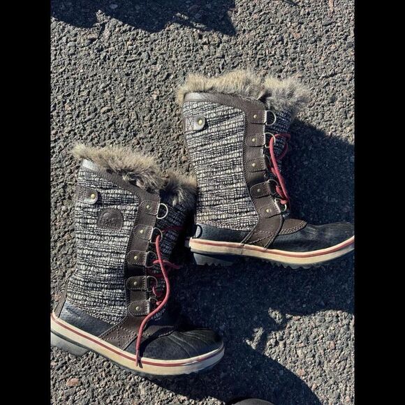 SOREL Snow boots fur trim brown Tall Tweed Leather sz 8.5 womens - Picture 5 of 5